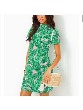 Lilly Pulitzer Green Palm-Print Mini Dress with Pink Details